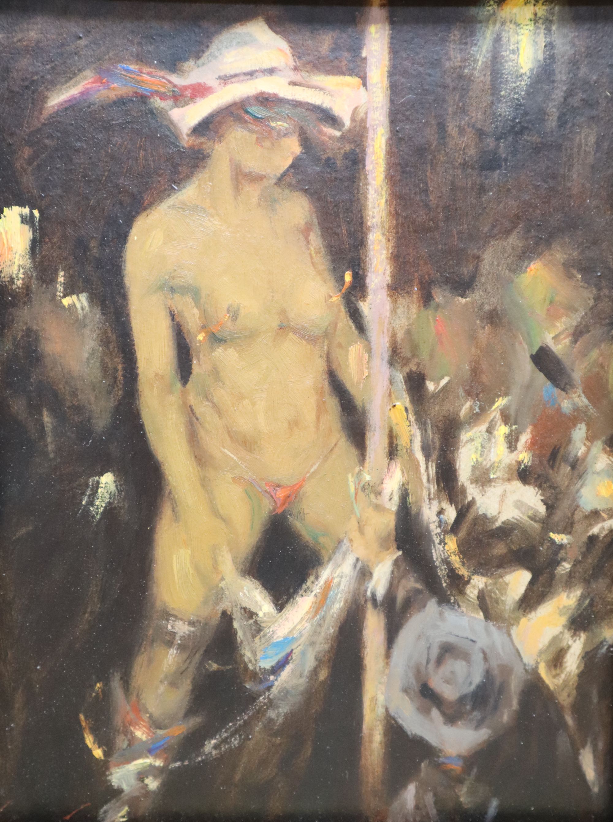 Ken Moroney (1949-2018), oil on card, The Pole Dancer, signed, with Studio stamp, 24 x 18cm
